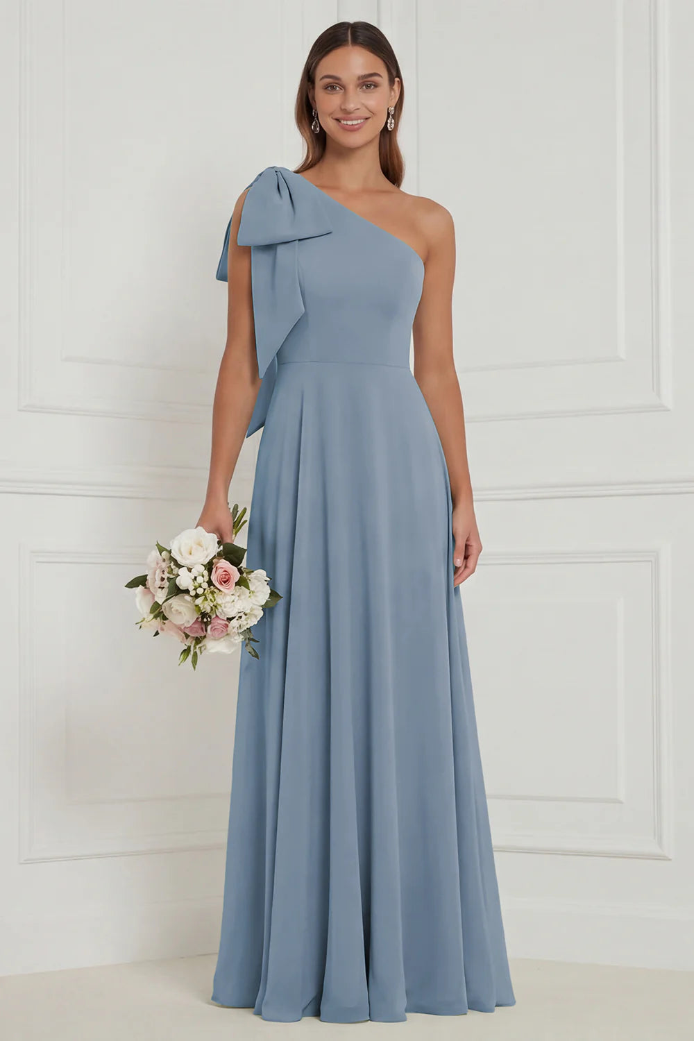 One Shoulder Bow A Line Sage Bridesmaid Dress with Lace up Back
