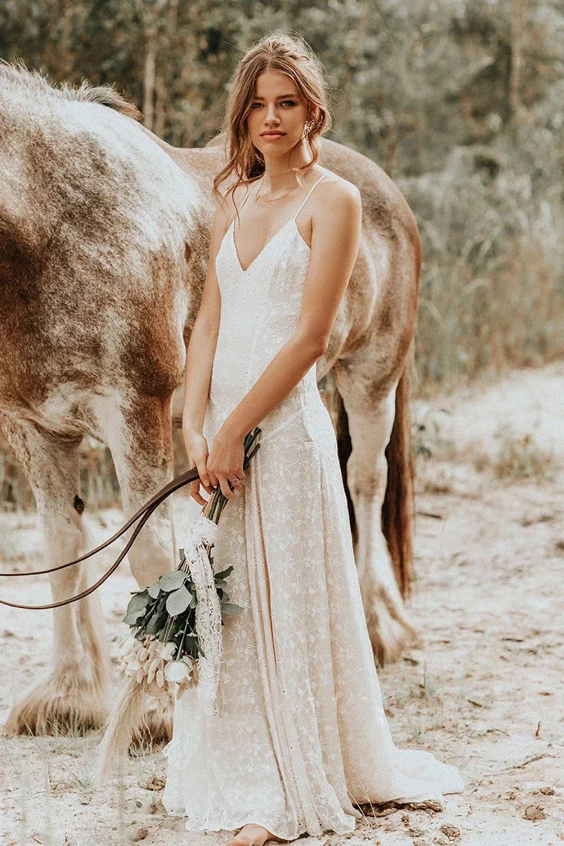 Lace Spaghetti V neck Sheath Wedding Gown With Straps And Open Back