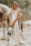 Lace Spaghetti V neck Sheath Wedding Gown With Straps And Open Back
