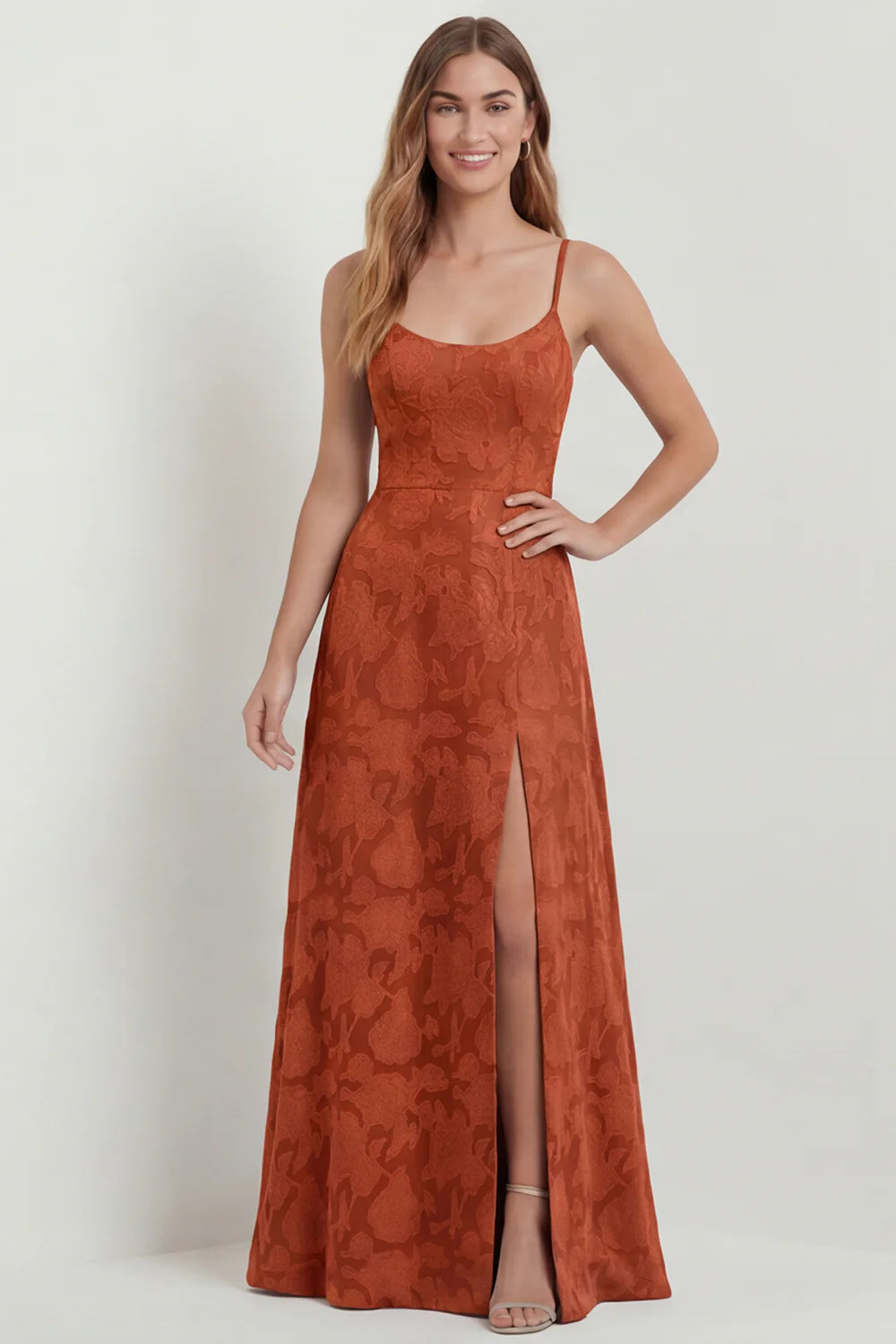 Dusty Blue A Line Floral Burnout Maxi Bridesmaid Dress with Slit