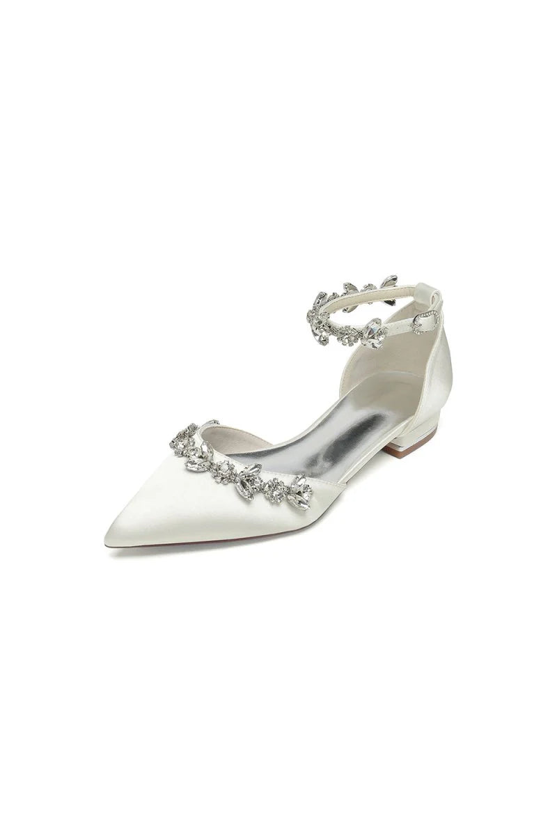 Pointed Toe Rhinestone Beaded Ankle Strap Kitten Heels