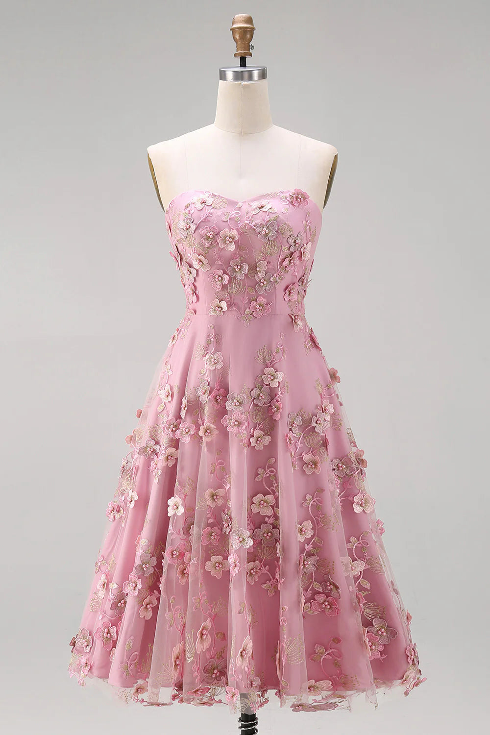 Strapless Pink Floral Applique A Line Wedding Guest Dress