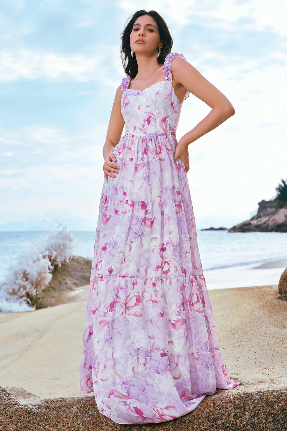 Stylish Grey Purple A Line Square Neck Print Floral Long Bridesmaid Dress with Lace Up Back