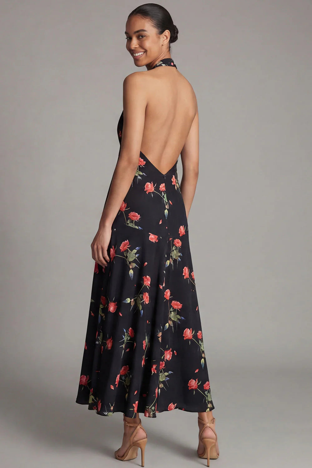 Halter Printed A Line Backless Black Wedding Guest Dress