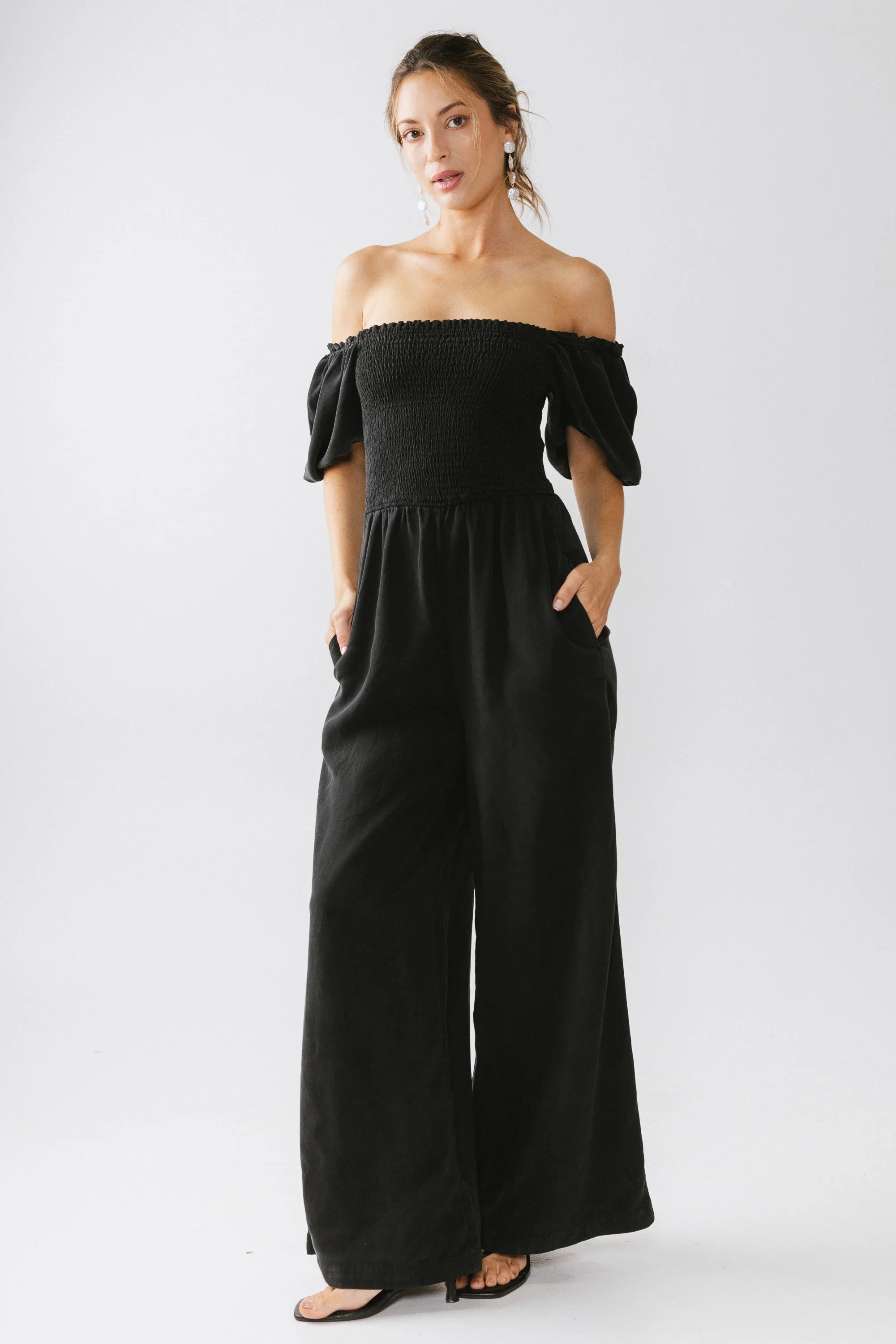 Piper Smocked Jumpsuit in Washed Black