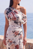 One Shoulder Ivory Floral Sheath Wedding Guest Dress with Slit