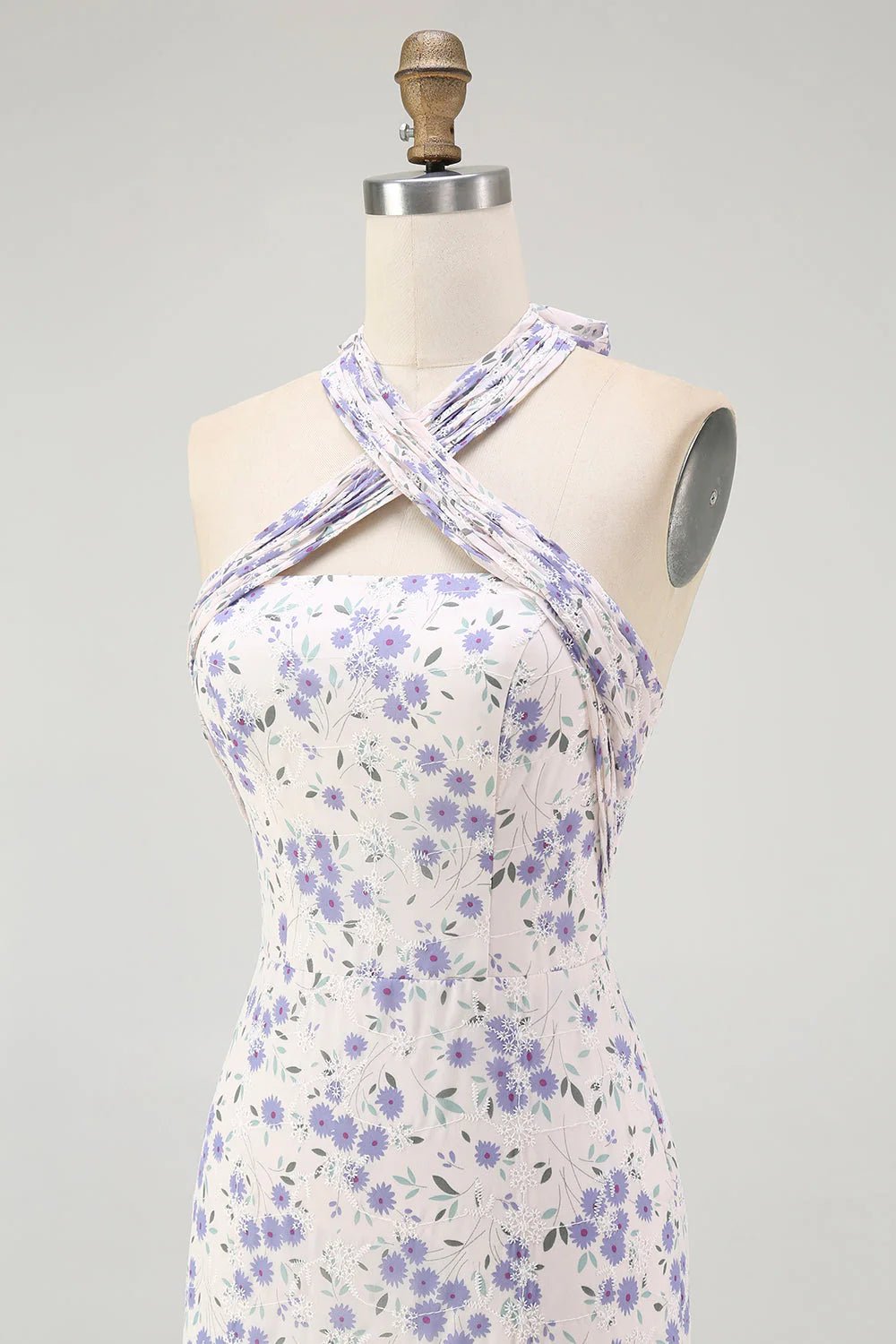 Blue Floral Halter Neck A Line Tiered Chiffon Midi Dress
