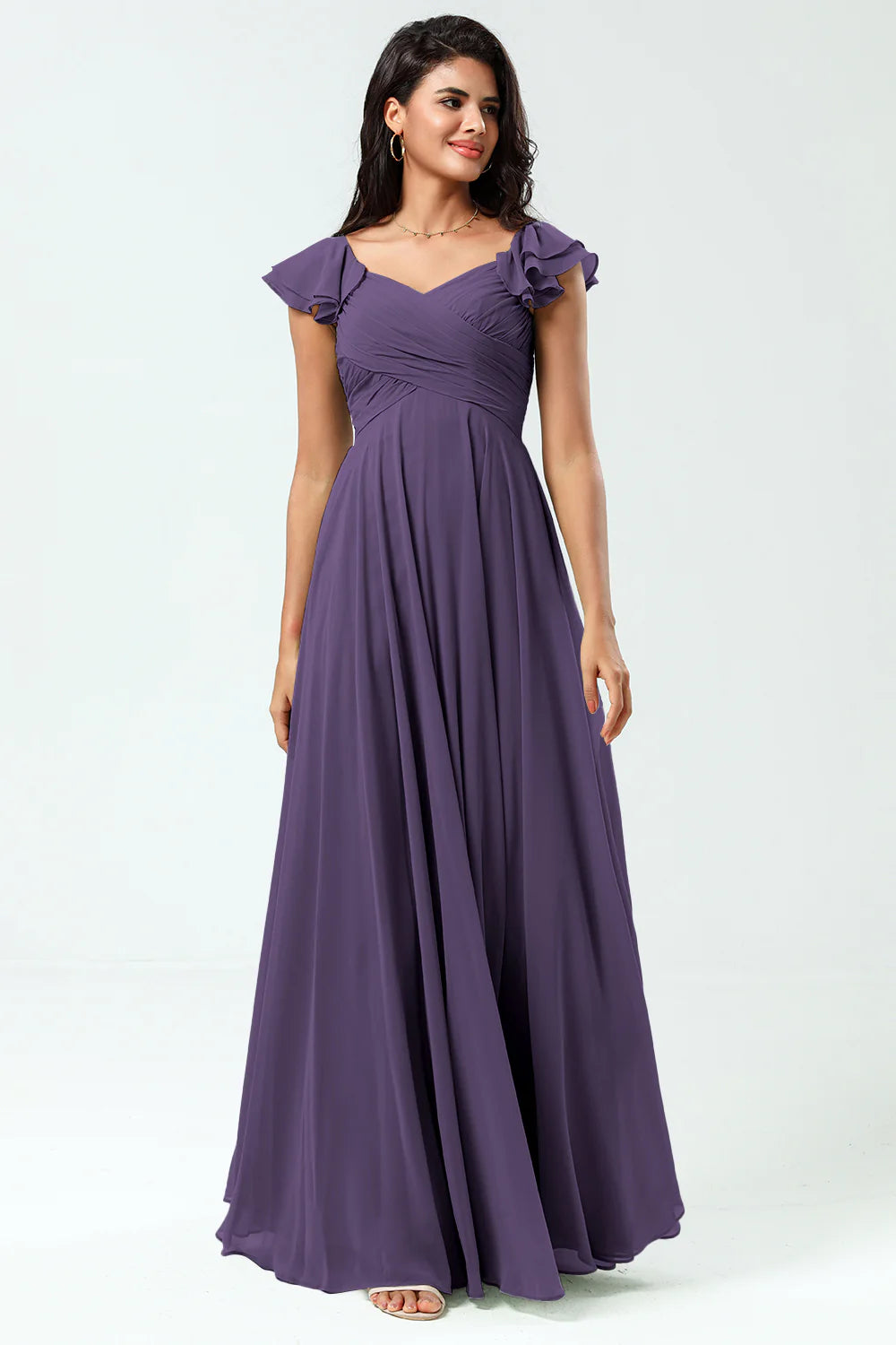Lace Up Back Cross A Line Chiffon Bridesmaid Dress with Ruffles