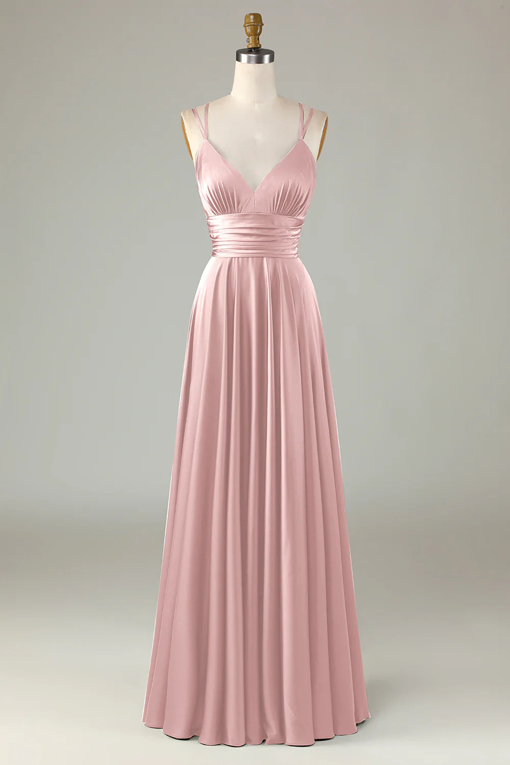 Eucalyptus A Line Spaghetti Straps Floor Length Satin Bridesmaid Dress