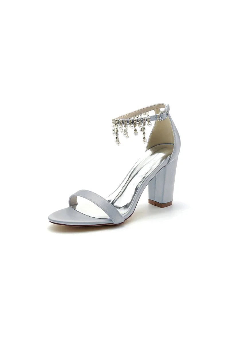 Open Toe Block Heels with Rhinestone Tassel
