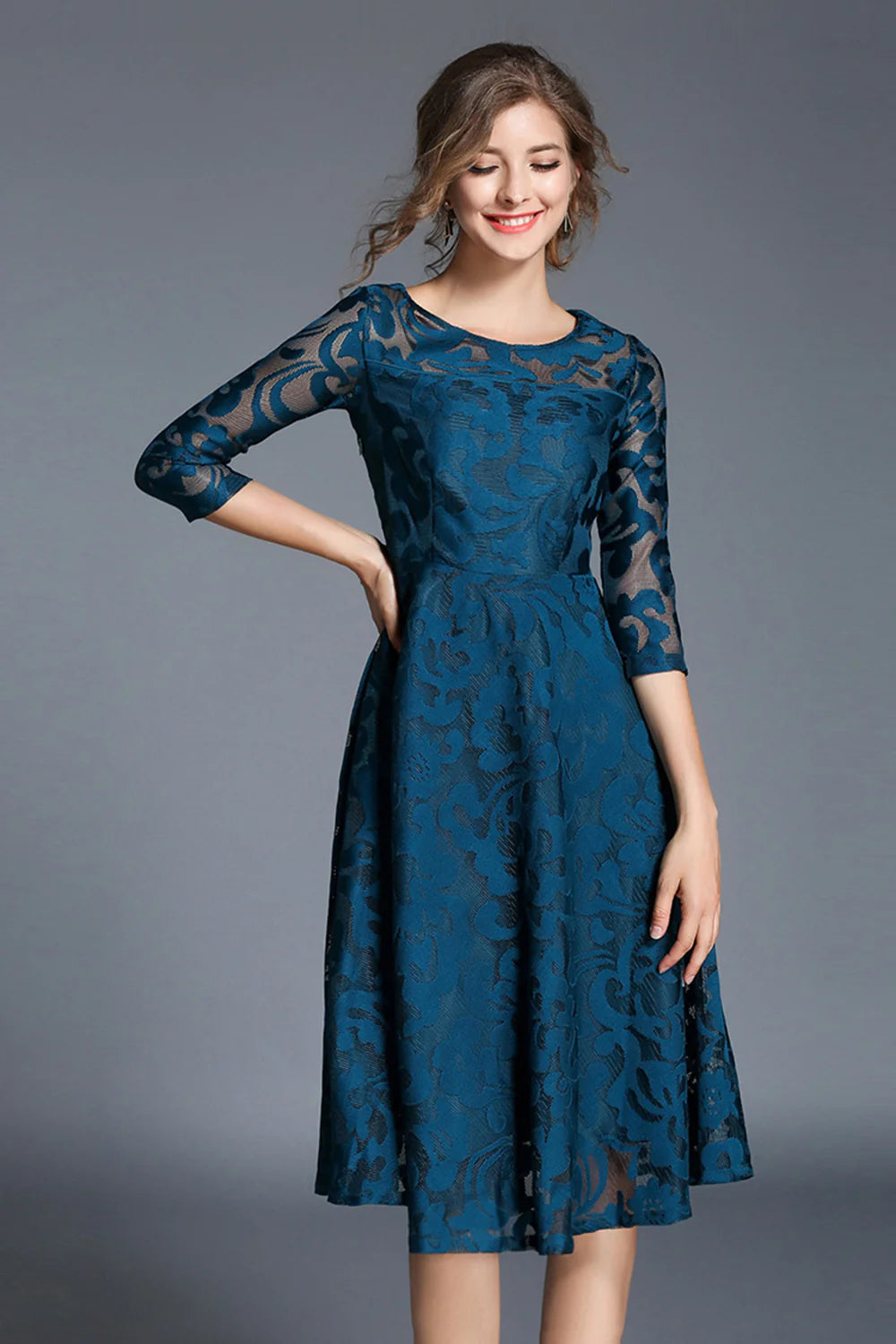 Peacock A Line Round Neck Midi Mother Of The Bride Dress with Half Sleeves