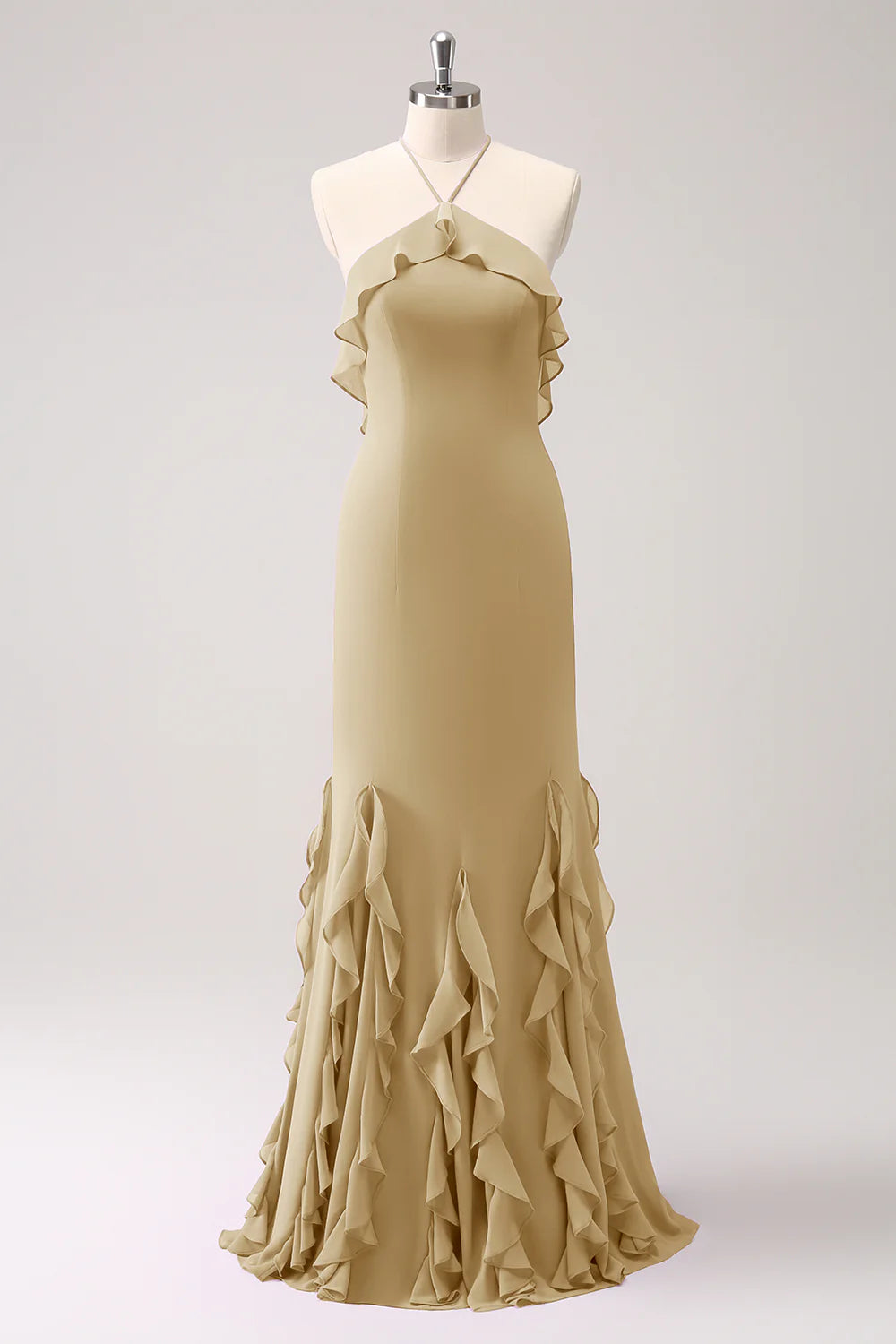 Sheath Halter Backless Floor Length Bridesmaid Dress with Ruffles