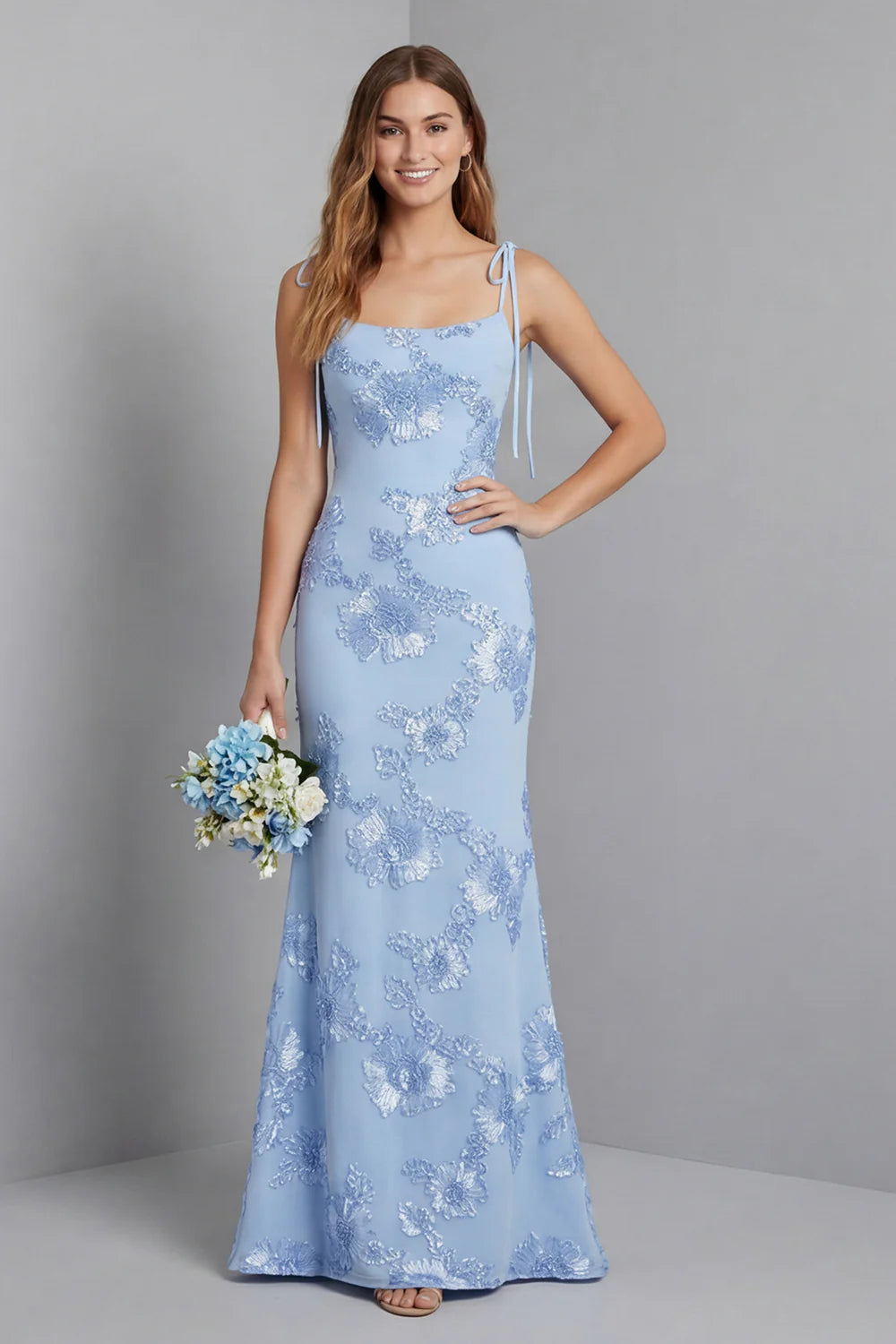 Light Blue Mermaid Spaghetti Straps Long Prom Dress with Appliques