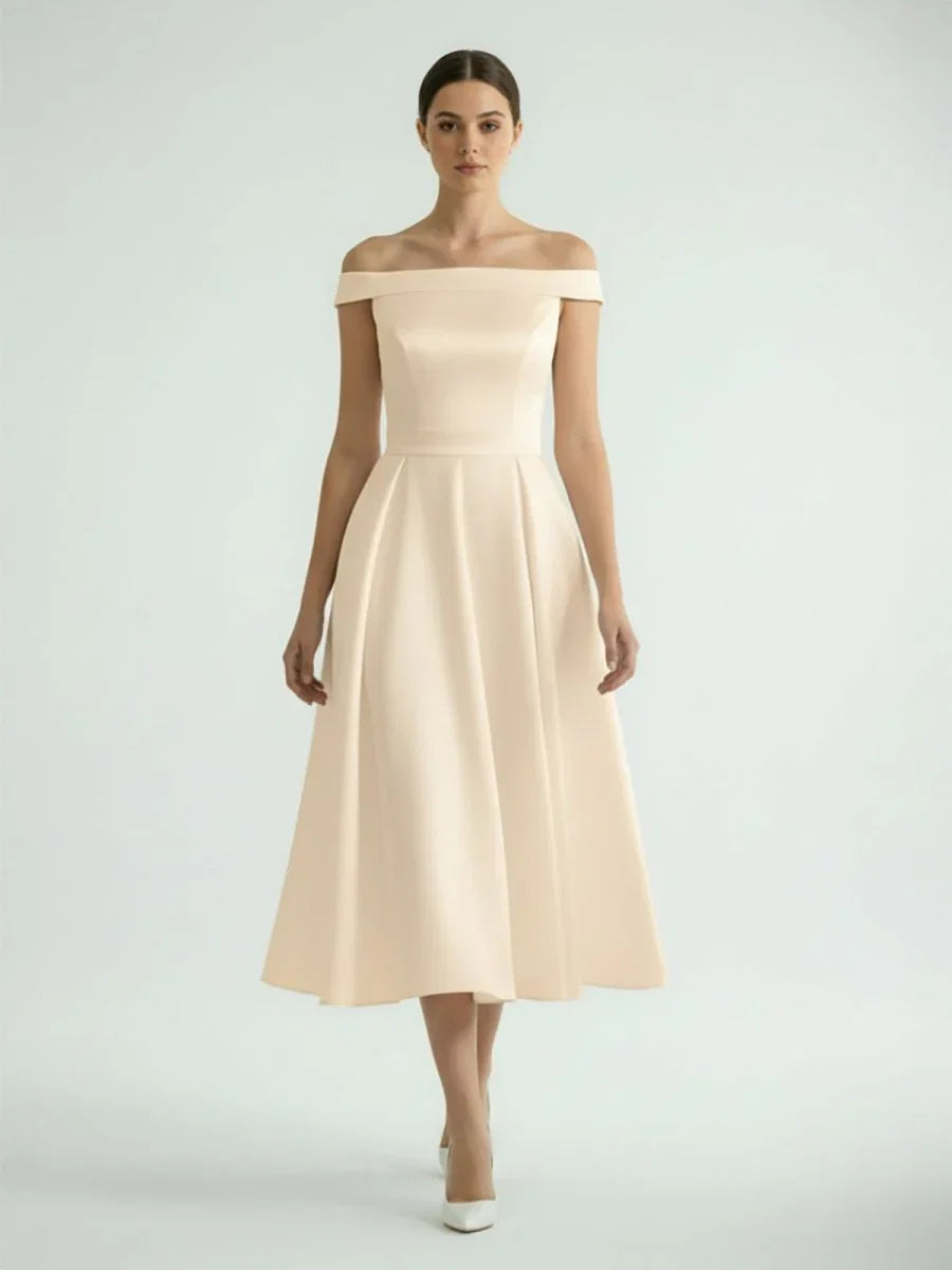 Sleeveless Tea Length Satin Wedding Dress With Sash And Off The Shoulder Neck