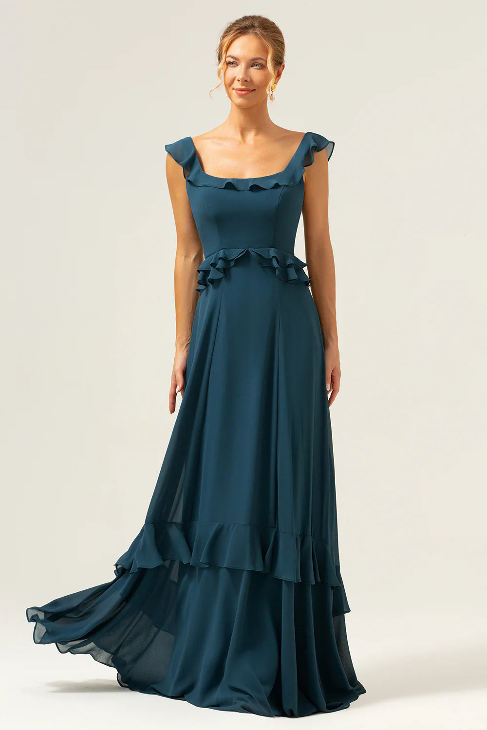 Dark Peacock Green A Line Square Neck Tiered Chiffon Long Bridesmaid Dress