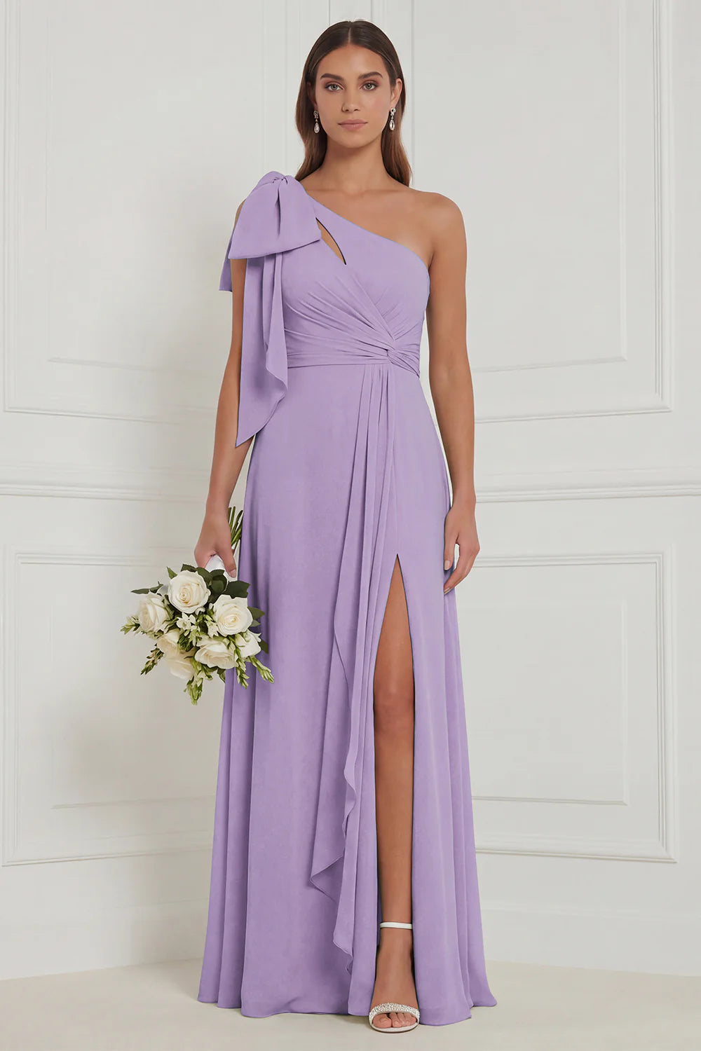 Sage A Line One Shoulder Long Bridesmaid Dress with Slit