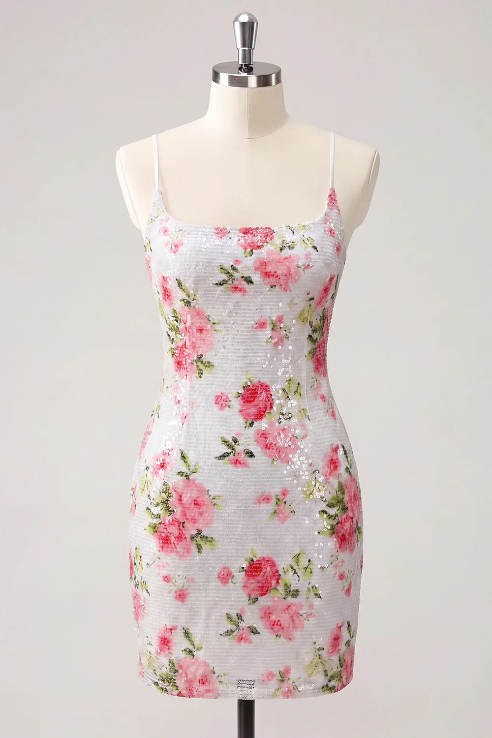 Sparkly White Floral Bodycon Short Homecoming Dress with Lace up Back