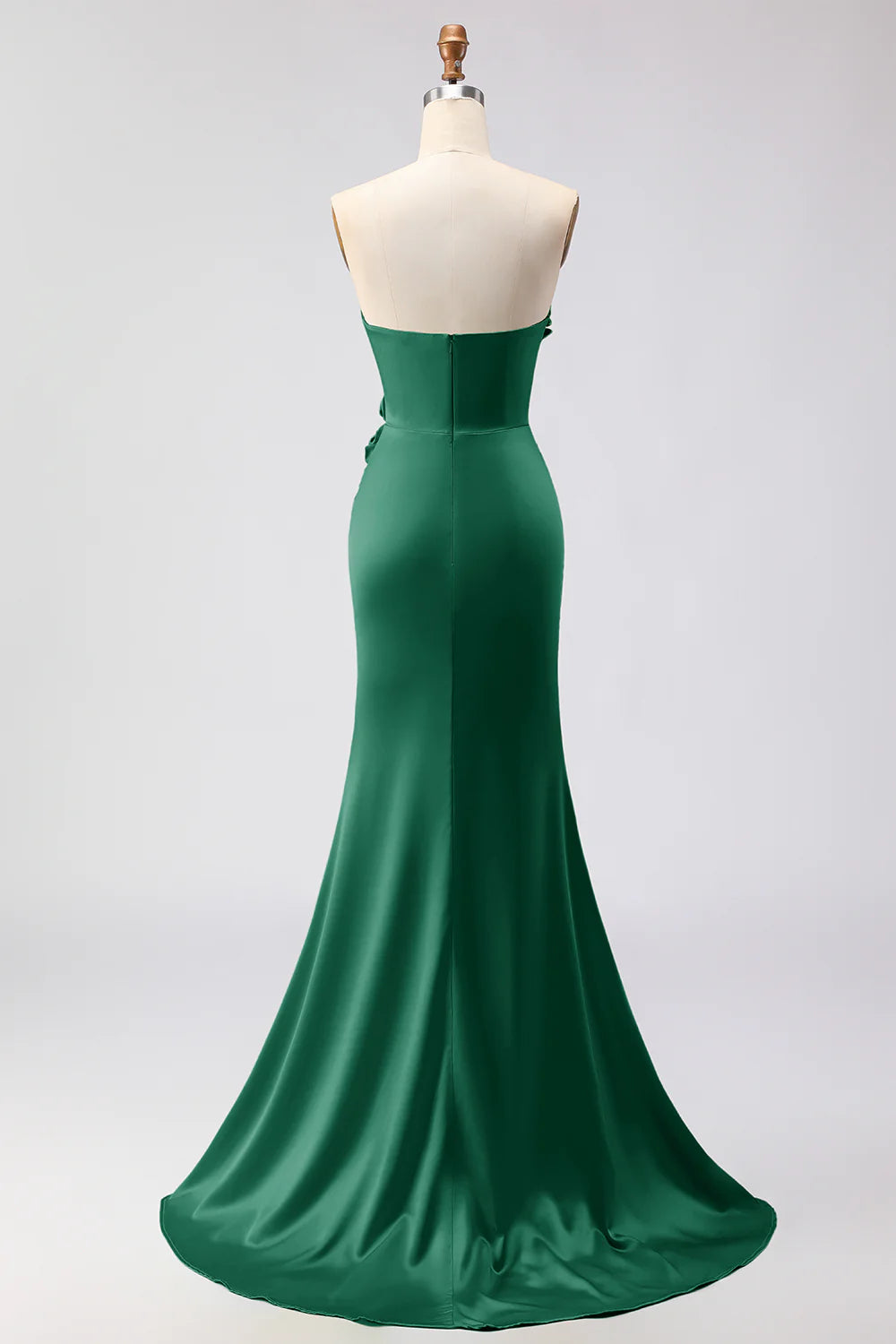 Green Strapless Mermaid 3D Flower Satin Long Prom Dress with Slit