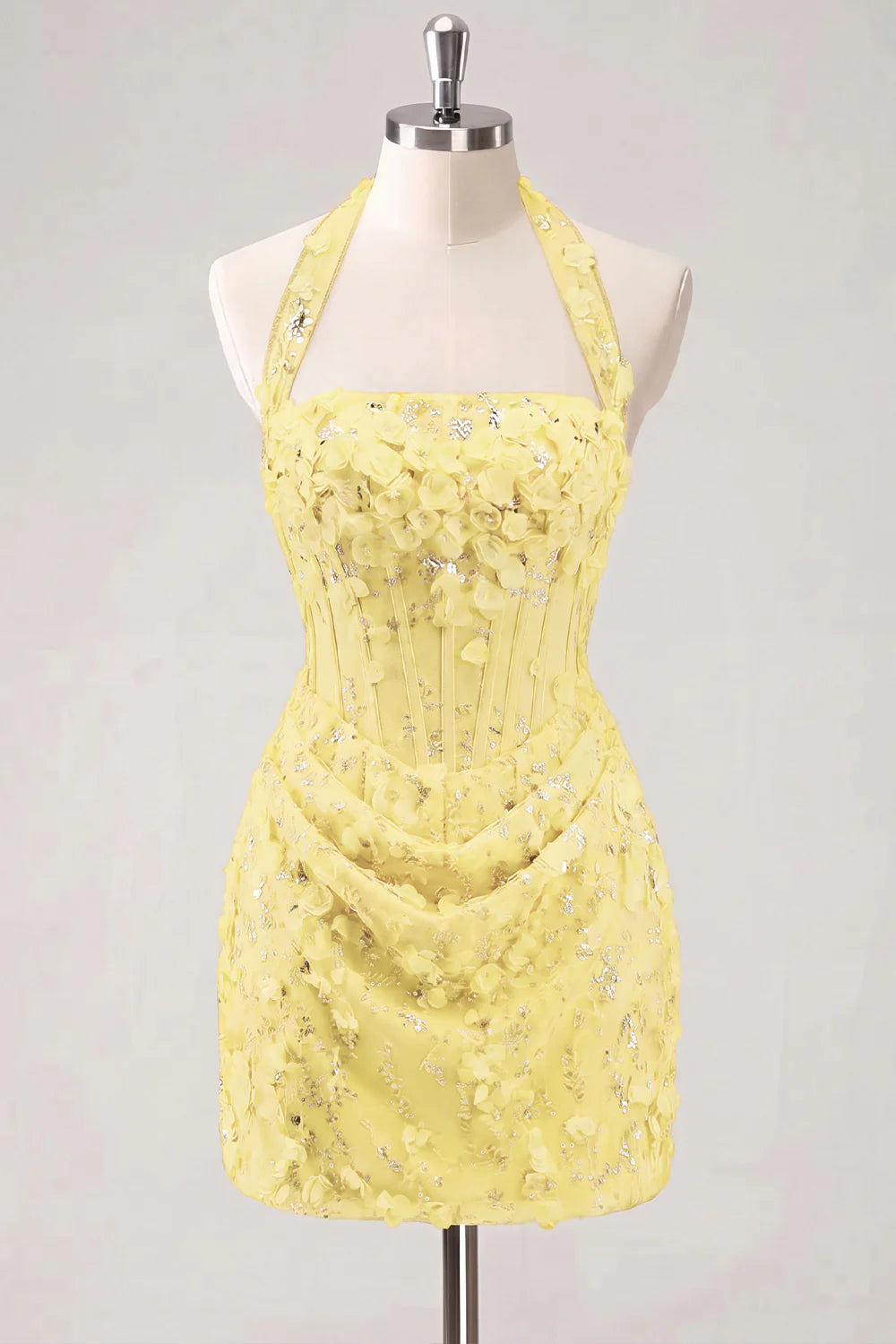 Halter Light Yellow Bodycon Corset Sequin Homecoming Dress