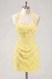 Halter Light Yellow Bodycon Corset Sequin Homecoming Dress