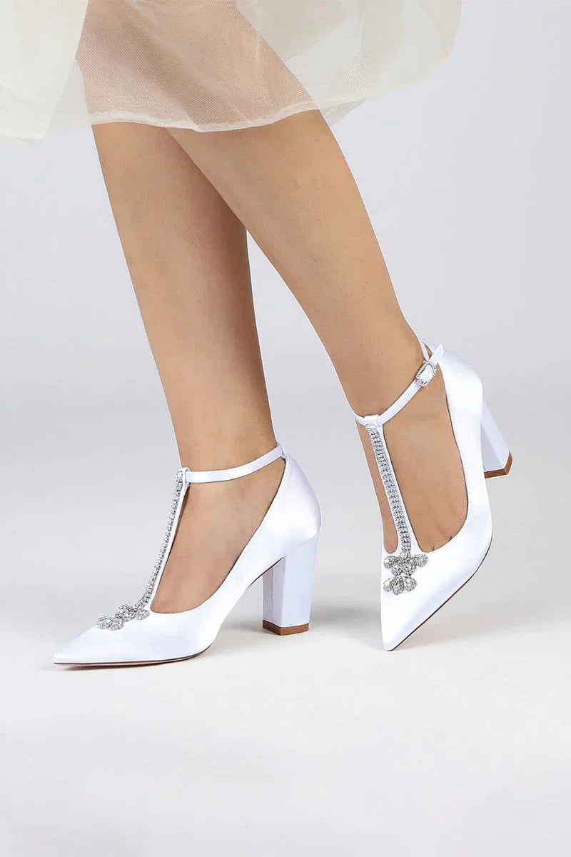 White Leather Pump with Silver Chain and Crystal Accent