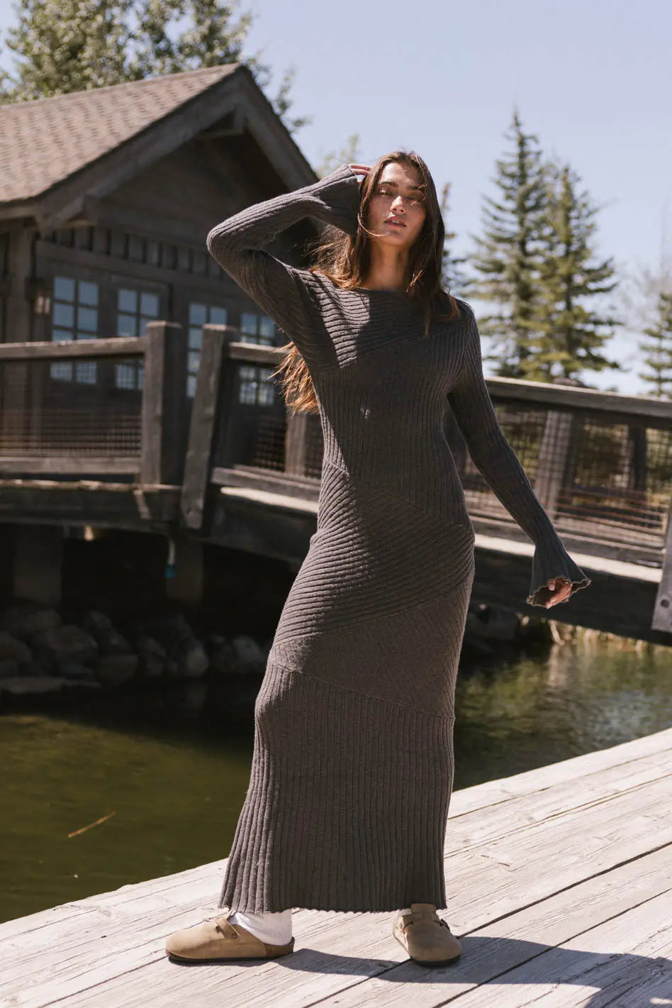 Grove Ribbed Maxi Dress in Charcoal FINAL SALE