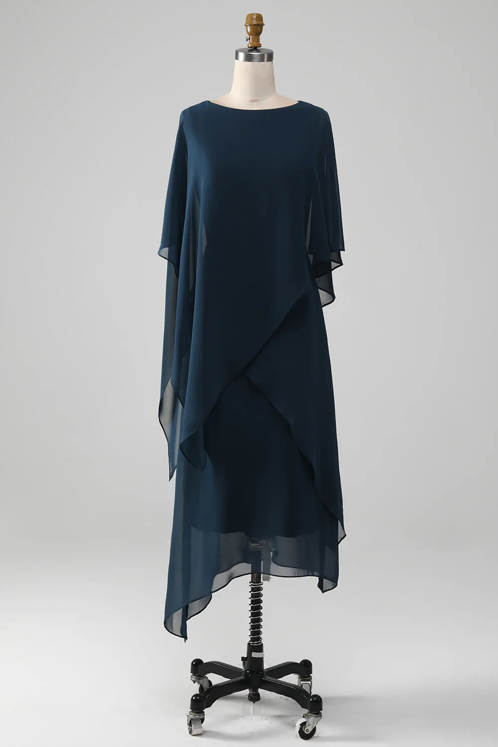 Navy A Line Scoop Tea Length Chiffon Mother of the Bride Dress