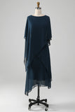 Navy A Line Scoop Tea Length Chiffon Mother of the Bride Dress