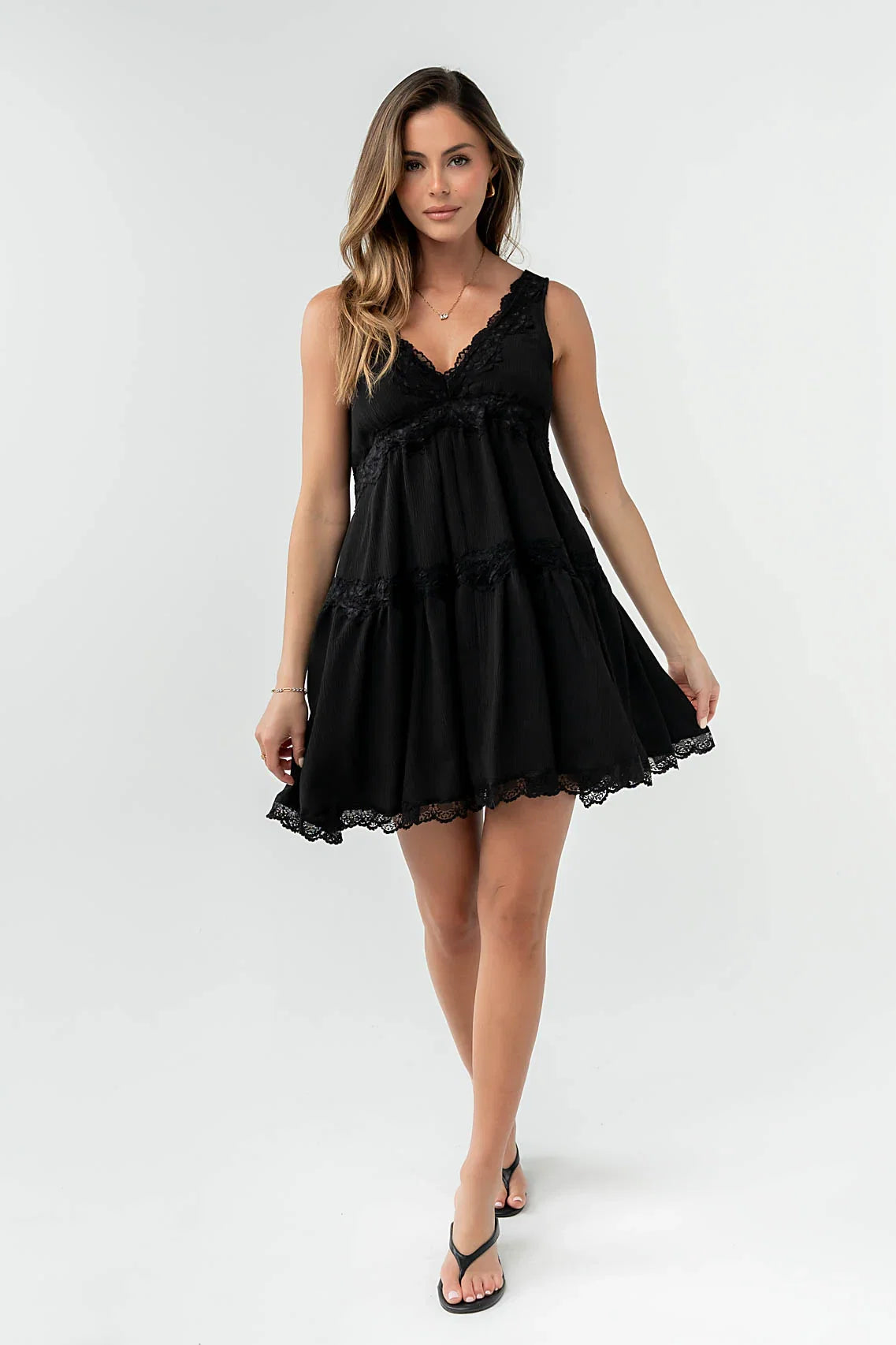 Quinny Lace Trim Mini Dress in Black