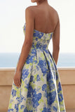 Floral Blue Strapless A Line Wedding Guest Dress