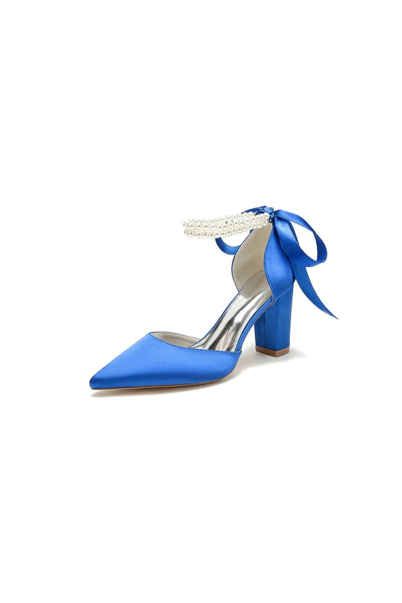 Pointed Toe Pearl Ribbon Ankle Strap Chunky Heel