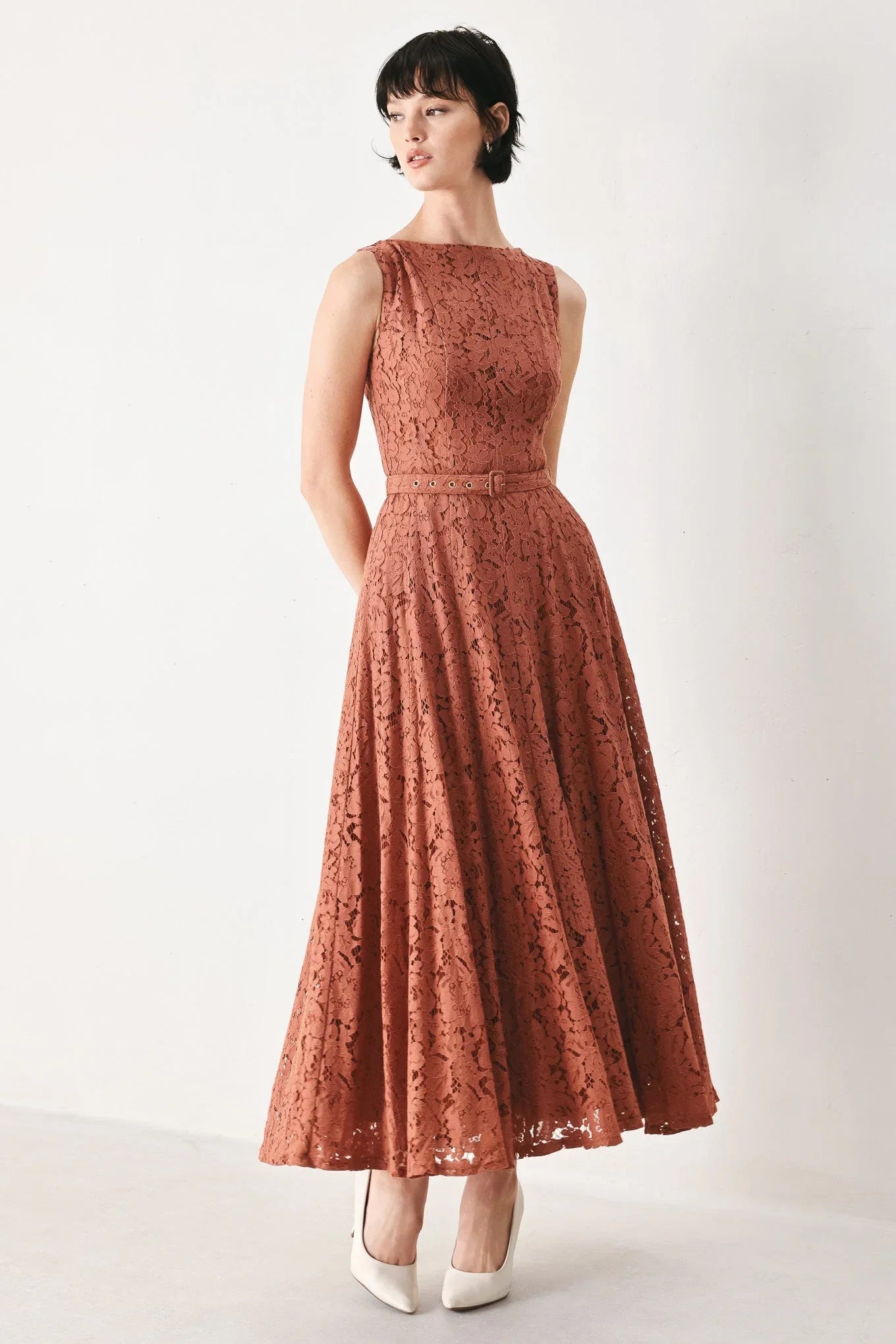 TRUE ROMANCE RUST LACE MIDI DRESS