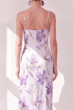 Lilac Flower Chiffon Ruffled Sheath Midi Dress with Slit
