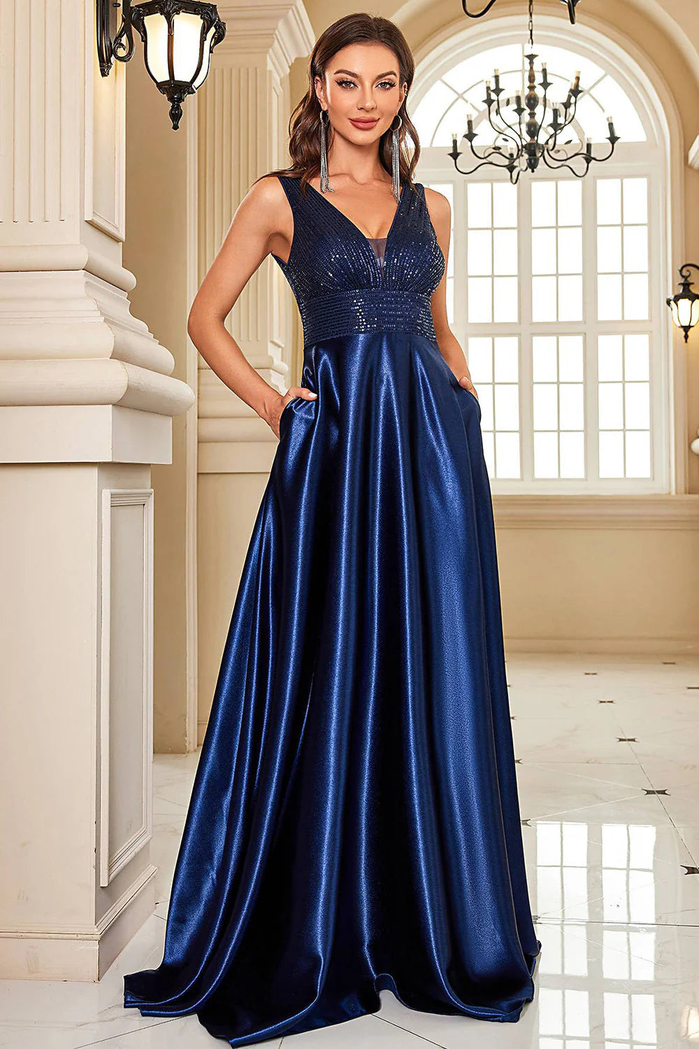 Sparkly Navy A Line V Neck Sequins Satin Formal Dress with Pockets