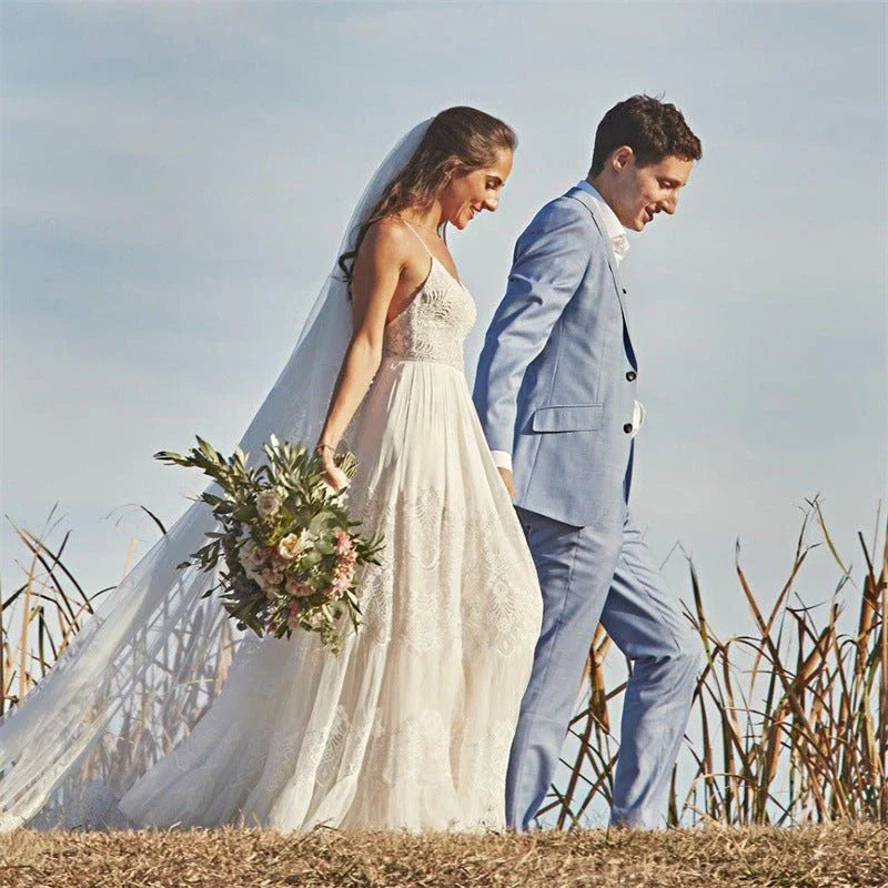 Simple A Line V Neck Sleeveless Spaghetti Straps Beach Wedding Dresses
