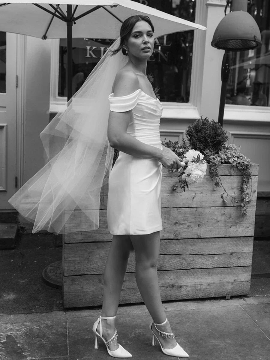 Off the Shoulder Short Satin Cowl Neck Simple Formal Wedding Dress With Slit