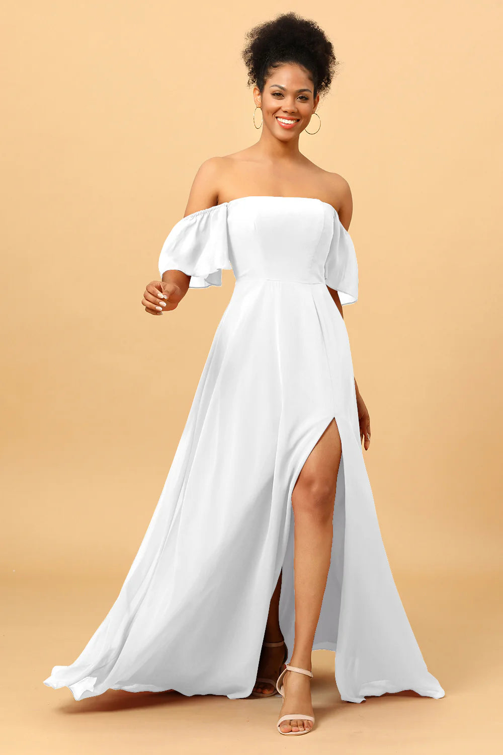 A Line Off the Shoulder Long Chiffon Bridesmaid Dress with Slit