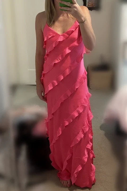 Straps Sheath Champagne Ruffle Maxi Bridesmaid Dress