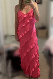 Straps Sheath Champagne Ruffle Maxi Bridesmaid Dress