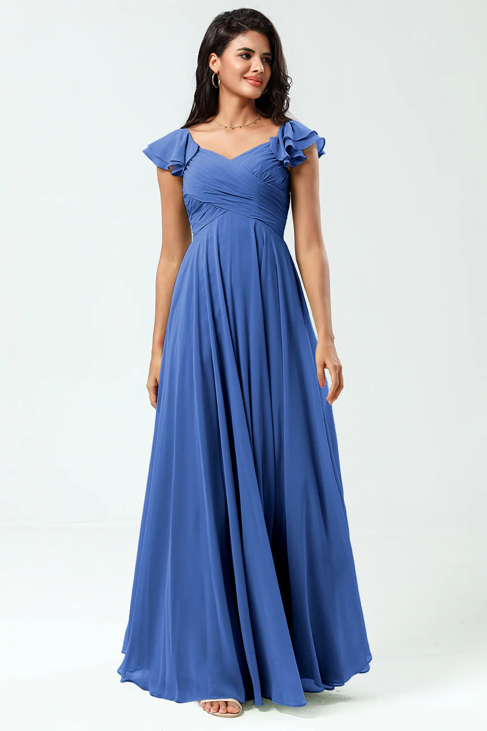 Lace Up Back Cross A Line Chiffon Bridesmaid Dress with Ruffles