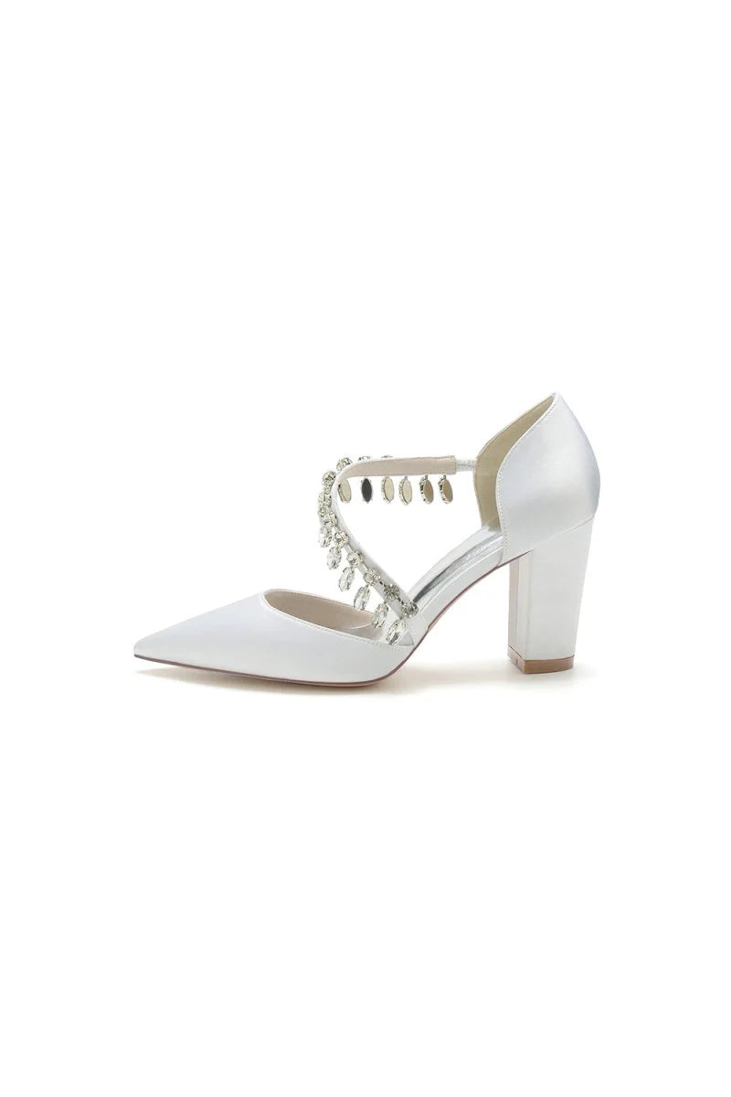 Pointed Toe Rhinestone Tassel Strappy Chunky Heels