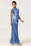 Blue Sheath Drawstring Satin Long Bridesmaid Dress with Slit