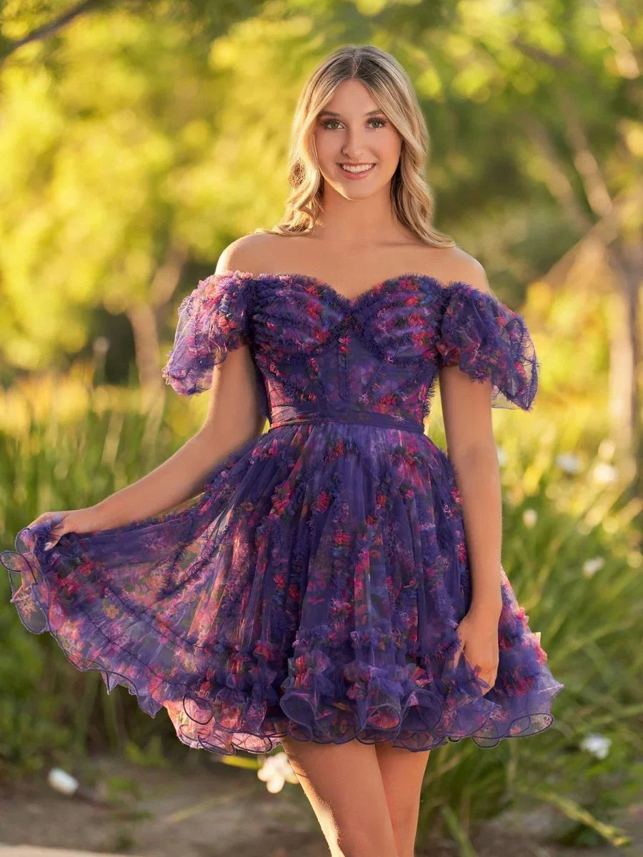 Ivana A Line Off the Shoulder Printed Tulle Short Homecoming Dress