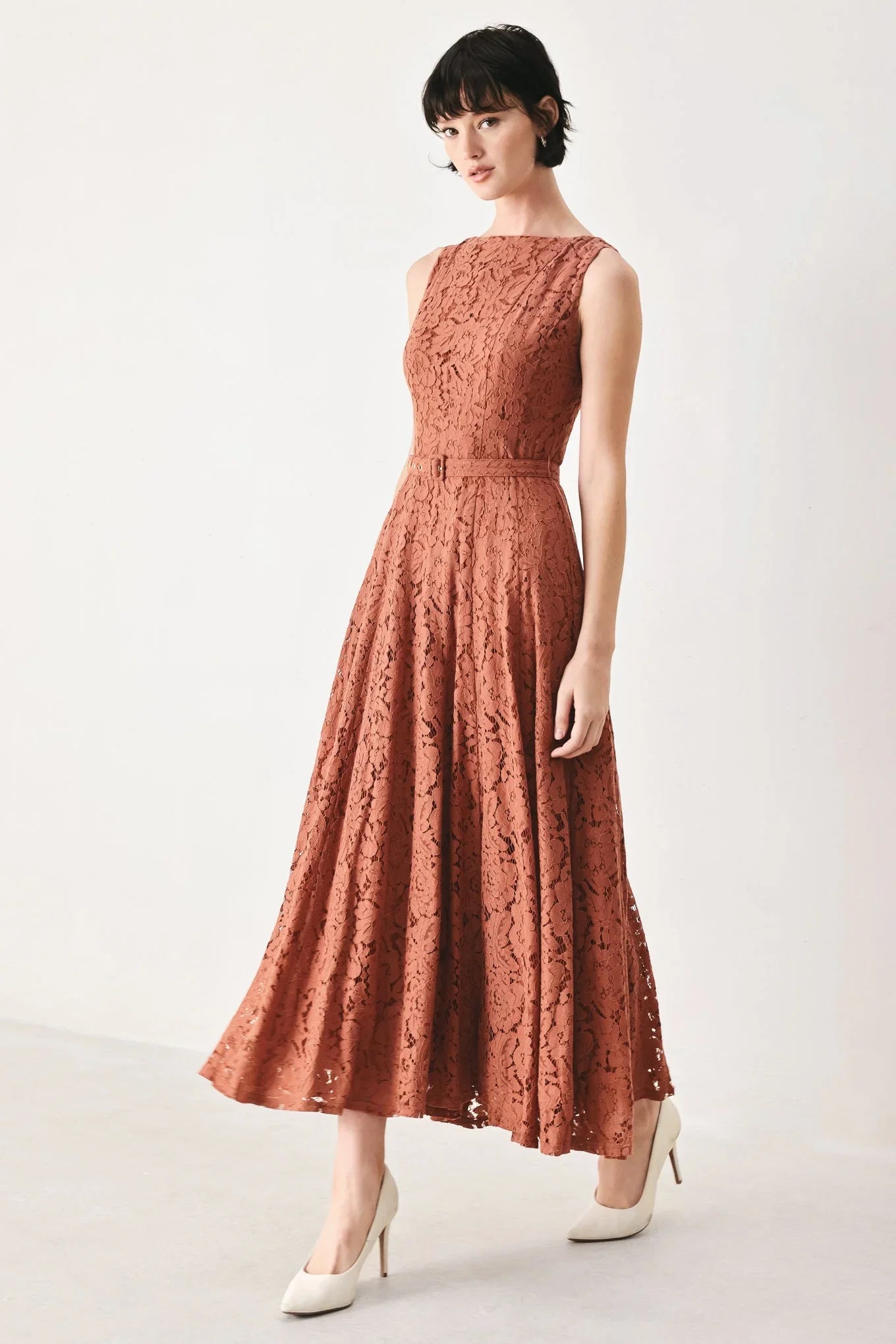 TRUE ROMANCE RUST LACE MIDI DRESS