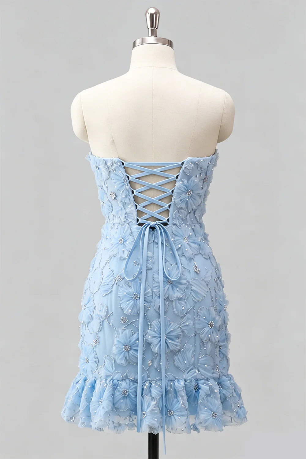 Light Blue Strapless Bodycon Beaded Short Homecoming Dress with 3D Flowers