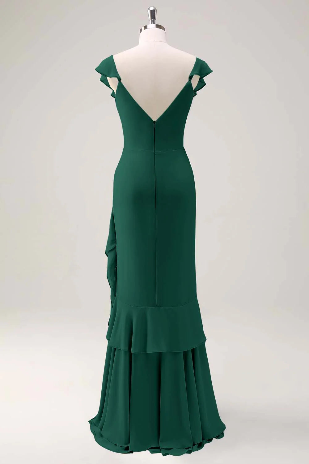 Dusty Sage Sheath V Neck Open Back Chiffon Long Bridesmaid Dress with Ruffles