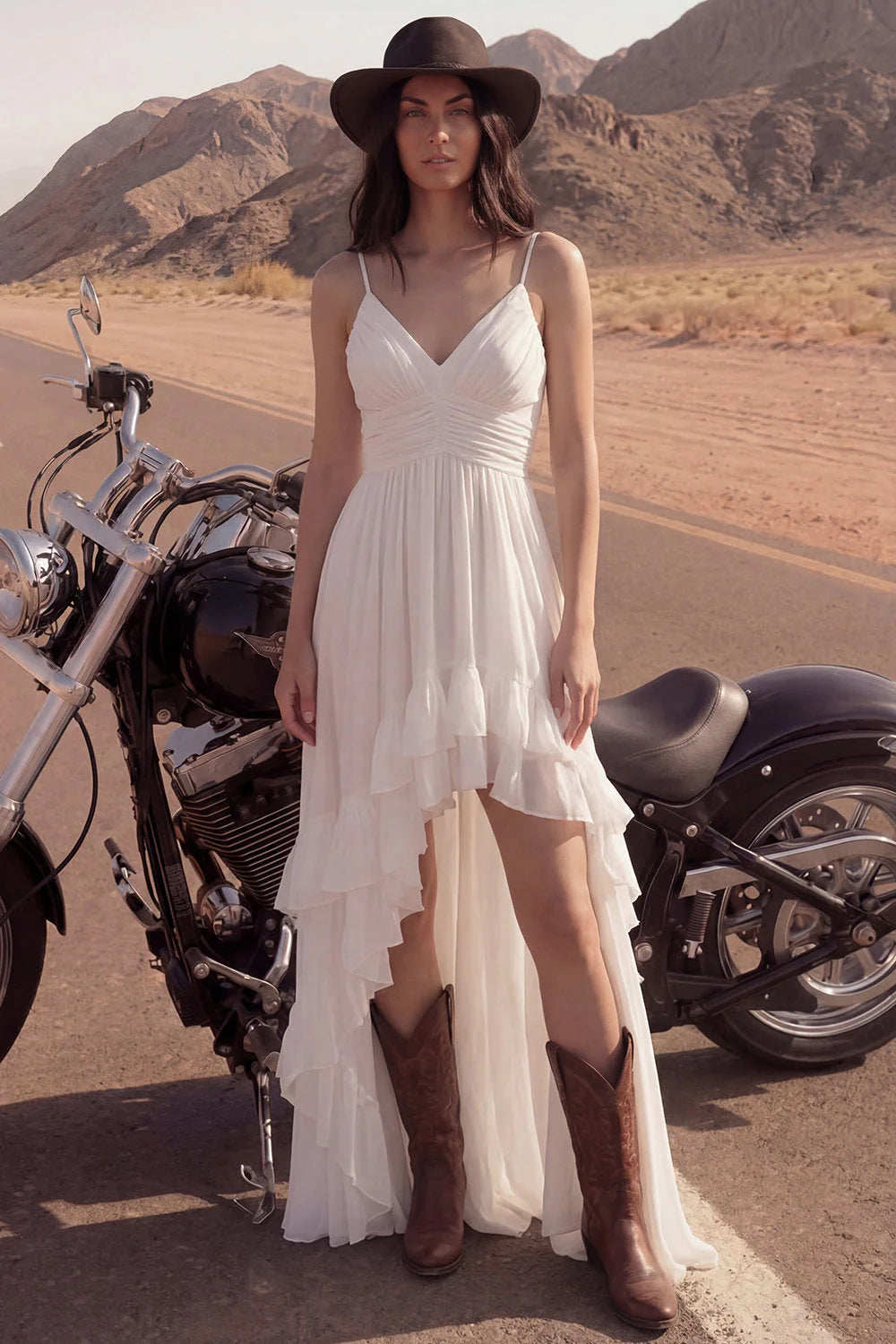 High Low Ruffled A Line Ruched Ivory Wedding Dress
