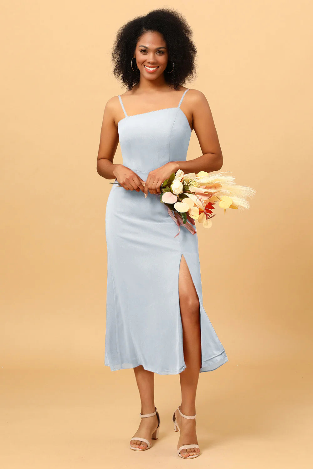 Sheath Spaghetti Straps Midi Chiffon Bridesmaid Dress with Slit
