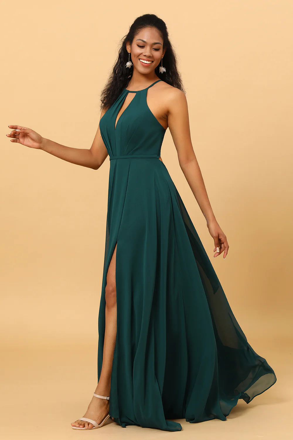 Pine A Line Halter Sleeveless Long Chiffon Bridesmaid Dress With Slit
