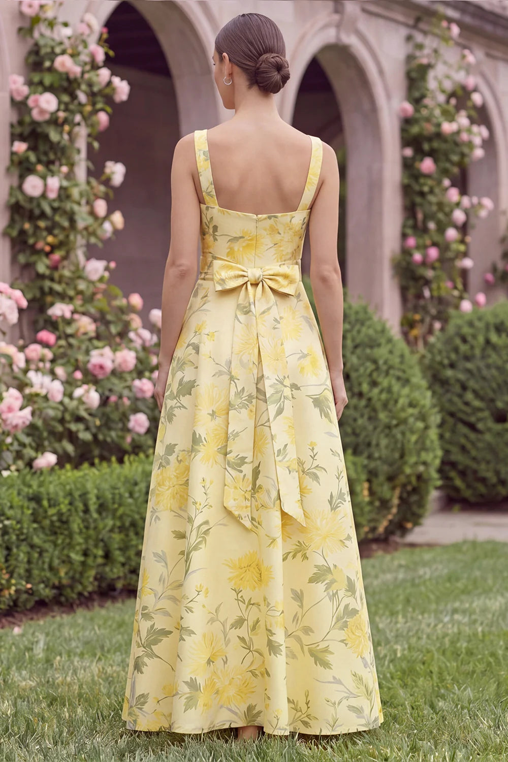 Yellow A Line Floral Bridesmaid Dress with Bow